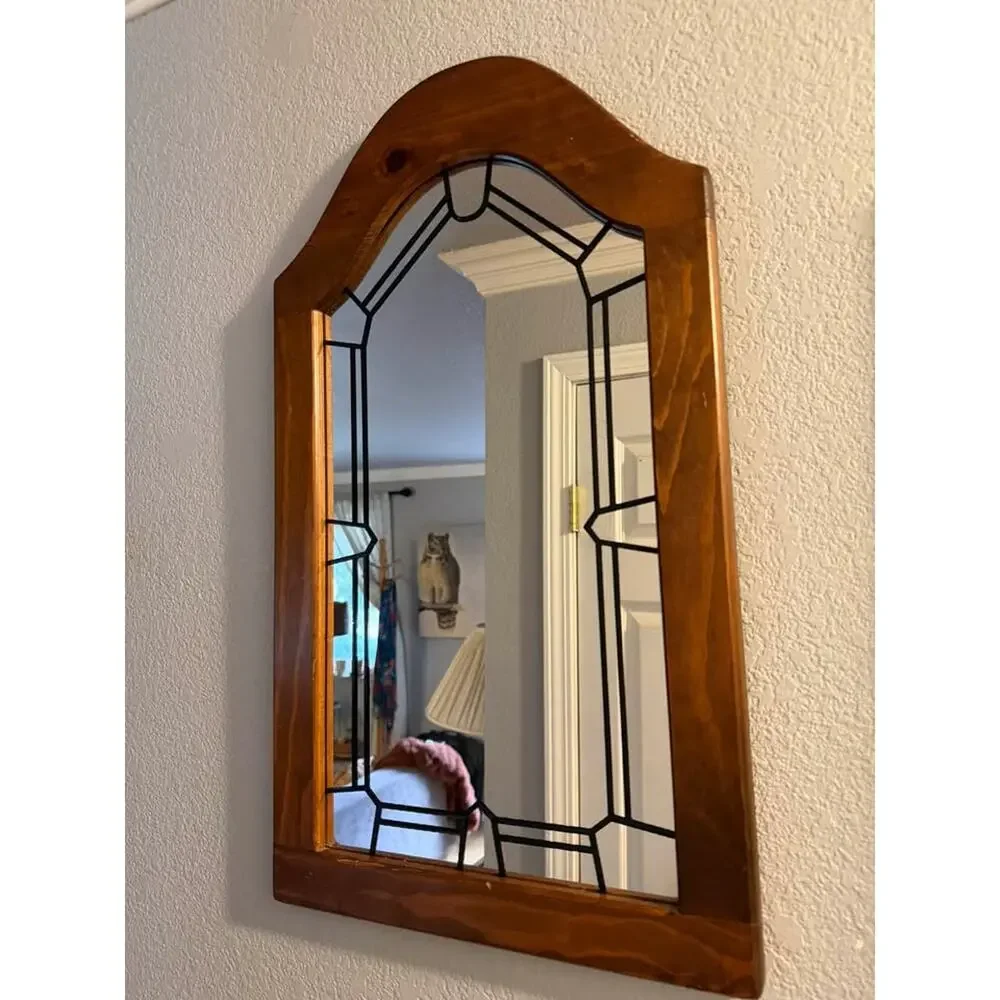 Vintage Wood & Leaded-Style Glass Arch Mirror – 23” x 13”